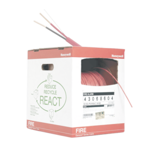 Bobina de 305 metros de alambre  calibre 14 AWG  en 2 hilos, caja REACT, tipo FPLP-CL2P, resistente al fuego, color rojo, para sistemas contra incendio o sistemas de evacuación.