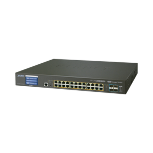 Switch Administrable L2+, 24 puertos Gigabit PoE 802.3bt, 4 puertos 10G SFP+,Pantalla táctil, Fuente Redundante, (400W)