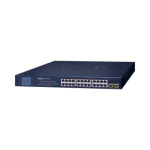 Switch PoE+ con Modo Extendido 250 m, 24 puertos 10/100/1000T + 2 Puertos SFP 1000SX con Pantalla LCD a color, hasta 300 W para PoE