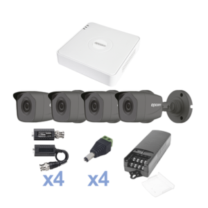 KIT TurboHD 720p / DVR 4 Canales / 4 Cámaras Bala (exterior 2.8 mm) / Transceptores / Conectores / Fuente de Poder Profesional