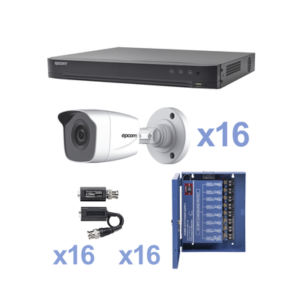 KIT TurboHD 1080p / DVR 16 Canales / 16 Cámaras Bala (exterior 2.8 mm) / Transceptores / Conectores / Fuente de Poder Profesional