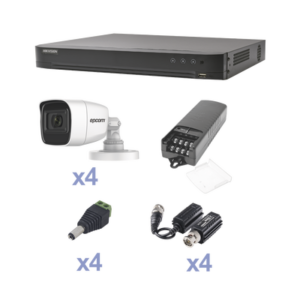KIT TurboHD con Audio 1080p / DVR 4 Canales / 4 Cámaras Bala (exterior 2.8 mm) / Transceptores / Conectores / Fuente de Poder / AUDIO POR COAXITRON