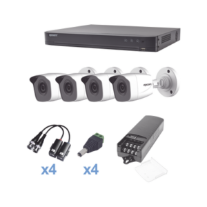 KIT TurboHD 1080p / DVR 4 Canales / 4 Cámaras Bala (exterior 2.8 mm) / Transceptores / Conectores / Fuente de Poder Profesional