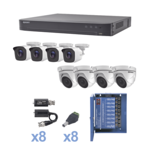 KIT TurboHD 1080p / DVR 8 Canales / 4 Cámaras Bala (exterior 2.8 mm) / 4 Cámaras Eyeball (exterior 2.8 mm) / Transceptores / Conectores / Fuente de Poder Profesional hasta 15 Vcd para Largas Distancias