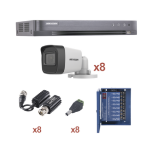KIT TurboHD 1080p / DVR 8 Canales / 8 Cámaras Bala (exterior 2.8 mm) / Transceptores / Conectores / Fuente de Poder Profesional hasta 15 Vcd para Larga Distancia