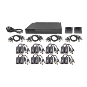 Kit de 16 canales para transmisión de ALIMENTACION ( de 36 Vcd a 12 Vcd) y video (HD-TVI) a distancias de hasta 250 m.