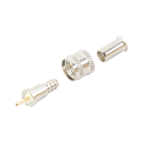 Conector Mini UHF Macho, 50 Ohm, de Anillo Plegable para Cables RG-58/U, RG-142/U, Niquel/Oro/Delrin.