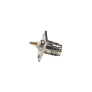 Conector Mini UHF Hembra, Montaje de Panel con 4 Perforaciones a 13 mm, Níquel/ Oro/ Teflón..