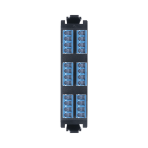 Placa acopladora de Fibra Óptica Quick-Pack, Con 6 Conectores LC/UPC con conectores “Shuttered”  Quad (24 Fibras), Para Fibra Monomodo, Azul, incluye tapas cubre polvo abatibles integradas por cada conector.