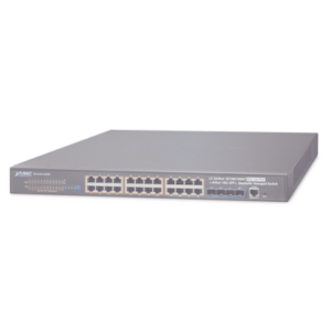 Switch Administrable L3 Stacking 10/100/1000T 24 puertos PoE802.3at, 4 puertos 10G SFP+ 370 W