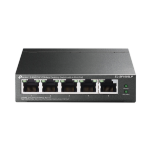 Switch PoE no Administrable de escritorio 5 puertos 10/100 Mbps, 4 puertos PoE, 41 W, modo extensor PoE hasta 250 metros.