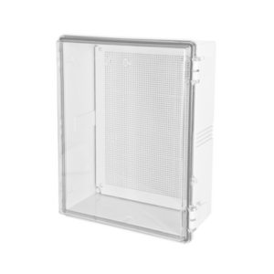 Gabinetes NEMA, cuerpo gris, cubierta transparente (350 x 450 x 200 mm), para interior y exterior, incluye panel